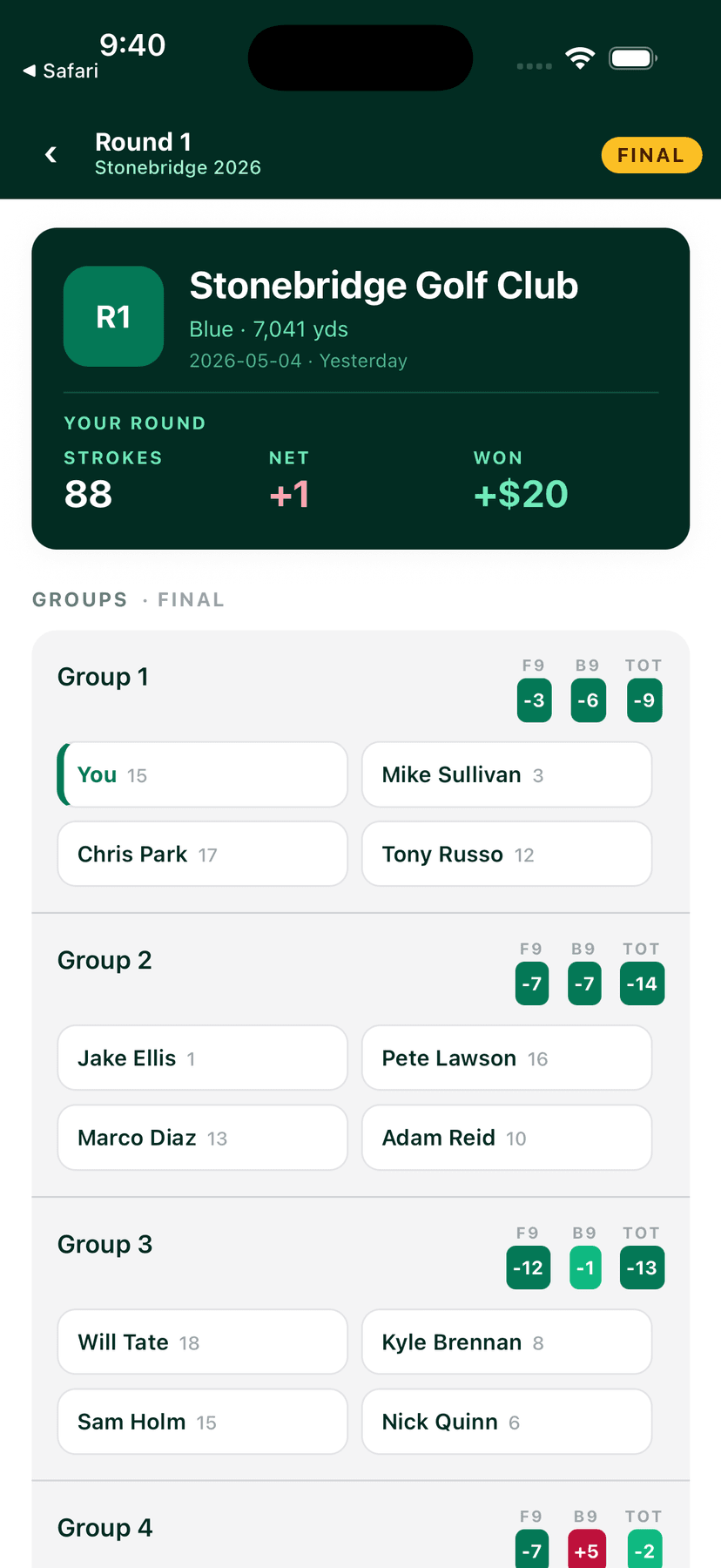 Round groups screen showing the four playing groups